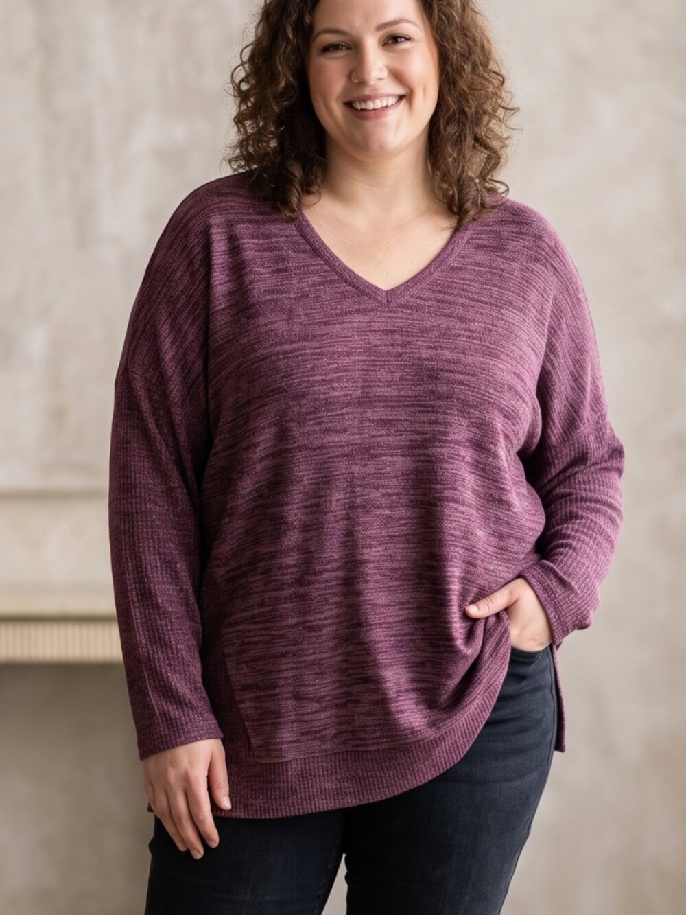Heather Long Sleeve V-Neck Sweater Pullover T-Shirt Plus Size 3X